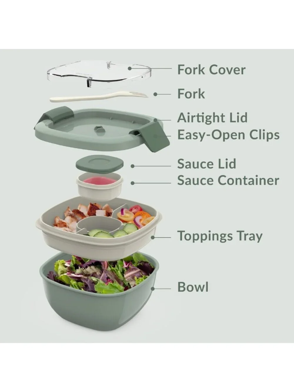 54 oz Salad Bowl with 4-Compartment Tray, Leak-Proof Dressing Container & Fork